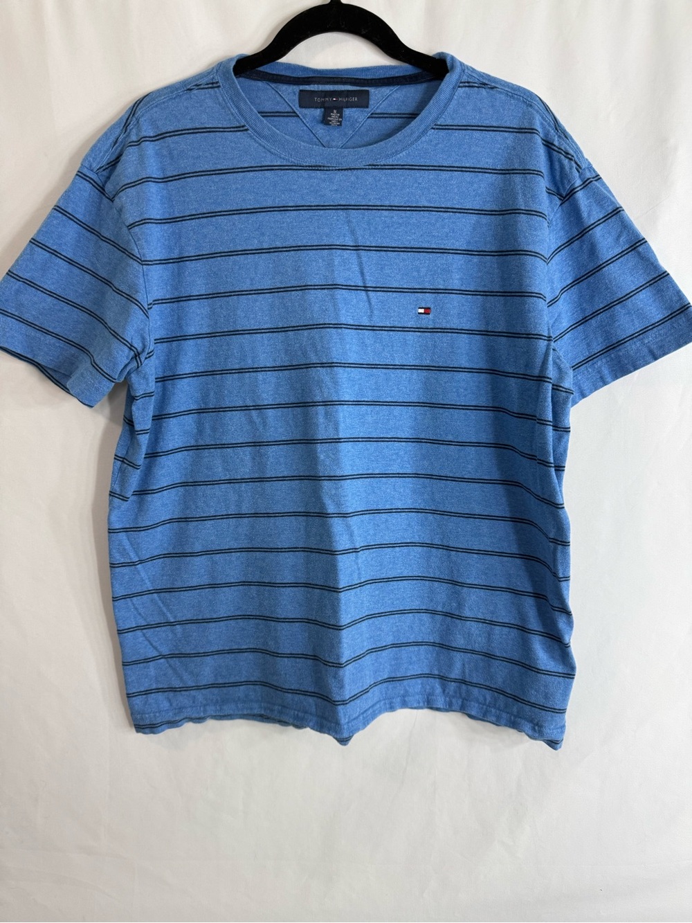 Tommy Hilfiger Blue Striped Crew Neck T-Shirt Men’s Flag Logo Casual Tee, Med